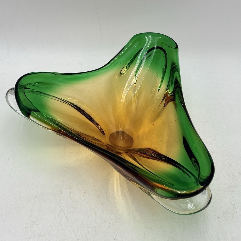 VTG Murano Sommerso Art Glass Bowl Green Amber Ombré Swirl Console Atomic MCM